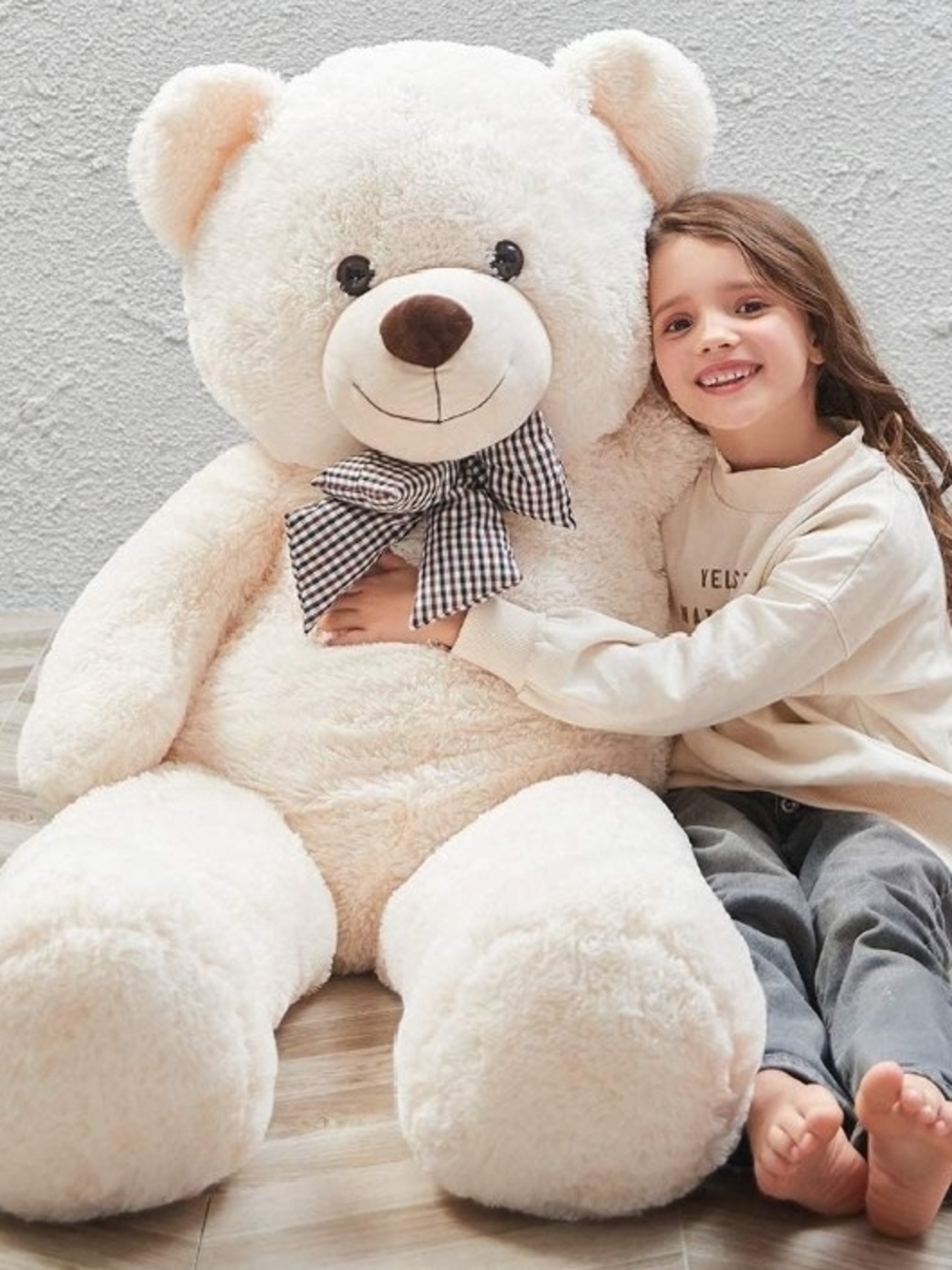 Giant Cream Plush Teddy Bear with Bow - Kids Toys
